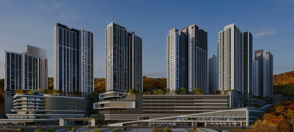 번잡한 역세권을 벗어나 약 15만 평 규모의 쌍령공원과 직접 연결되는 경기 광주 롯데캐슬 숲세권 외부 전경