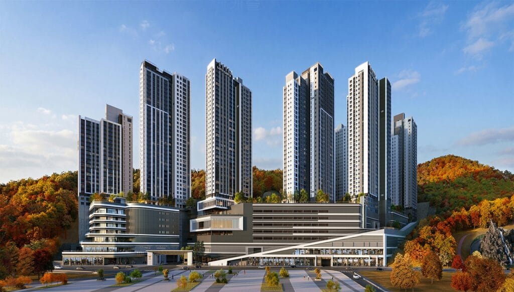 일반 분양 일정이 다가오고 있는 2,326세대 대단지 경기광주역 롯데캐슬의 웅장한 아파트 외부 전경